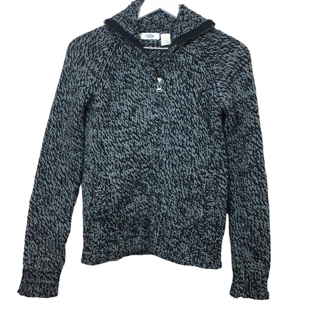 Old Navy Black Grey Chunky Knit Full Zip Cardigan Sweater Women Sz XS